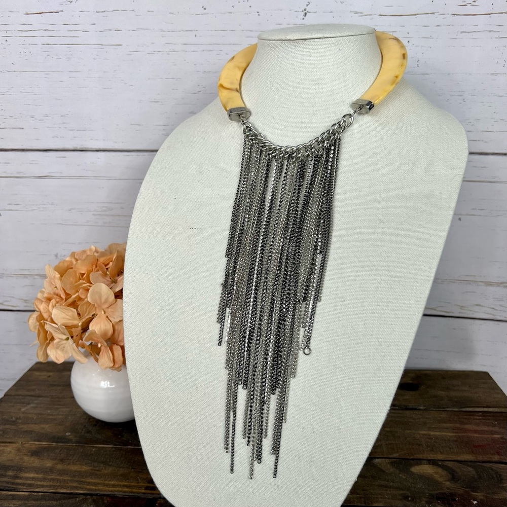 Boho Tribal Unique Multi-Strand Fringe Horn Statement Necklace